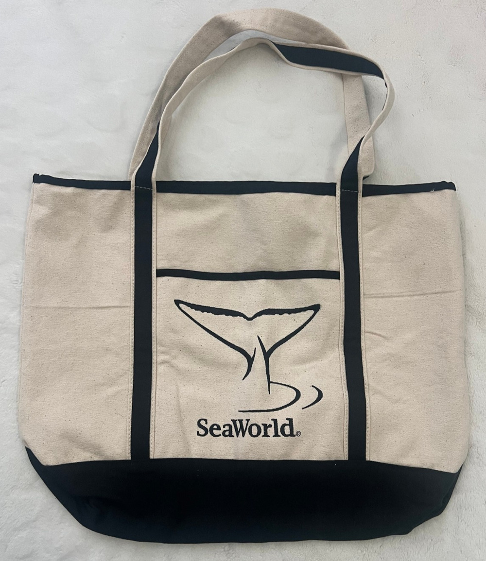SeaWorld Canvas Tote Bag Beige Black Cotton Shoulder Shopping Beach Bag 18x18 in